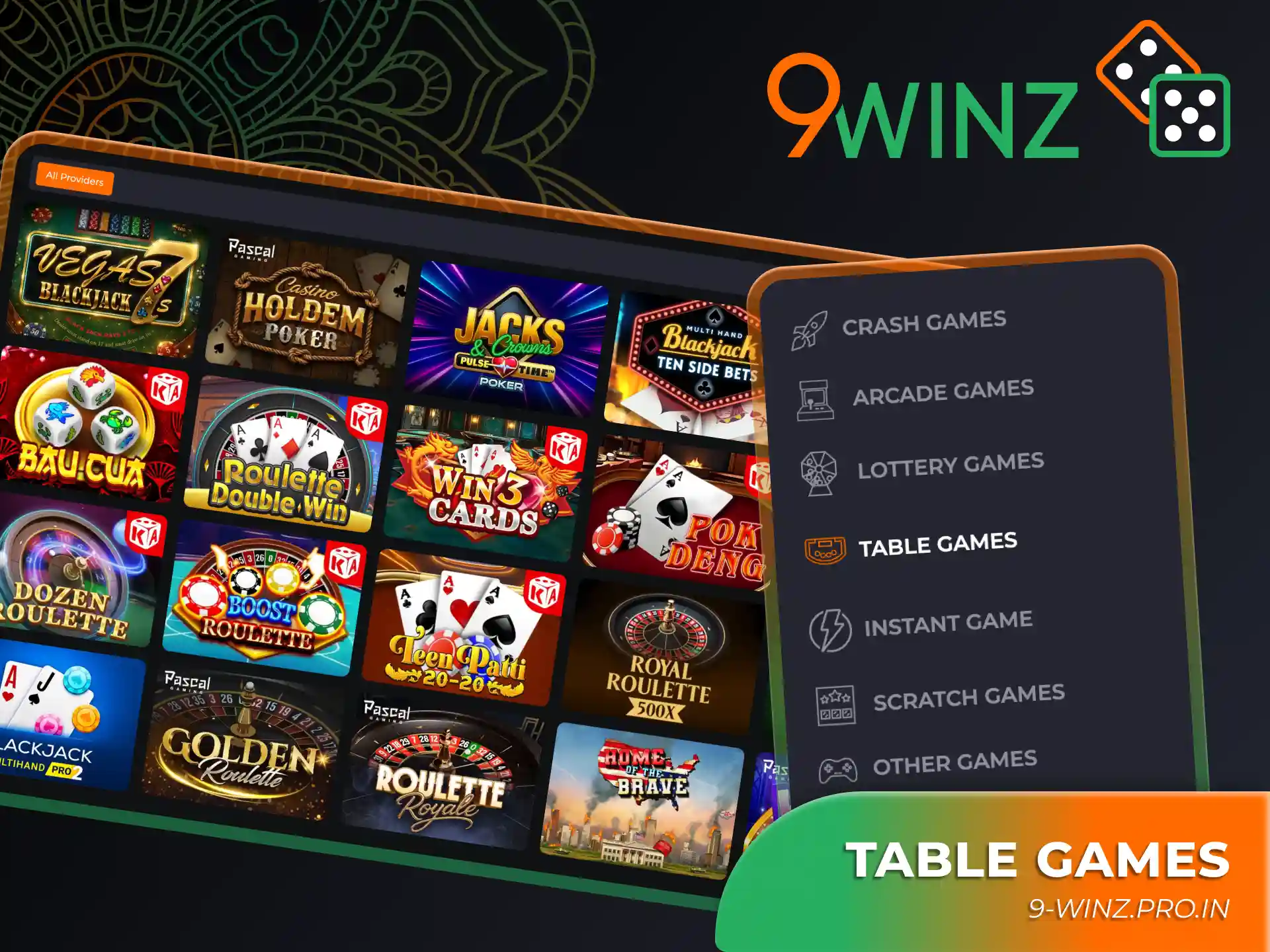Explore the table games section and start playing 9winz.