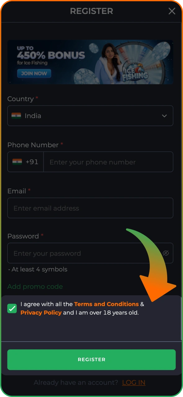 Accept 9winz terms and click the button to finish the process.