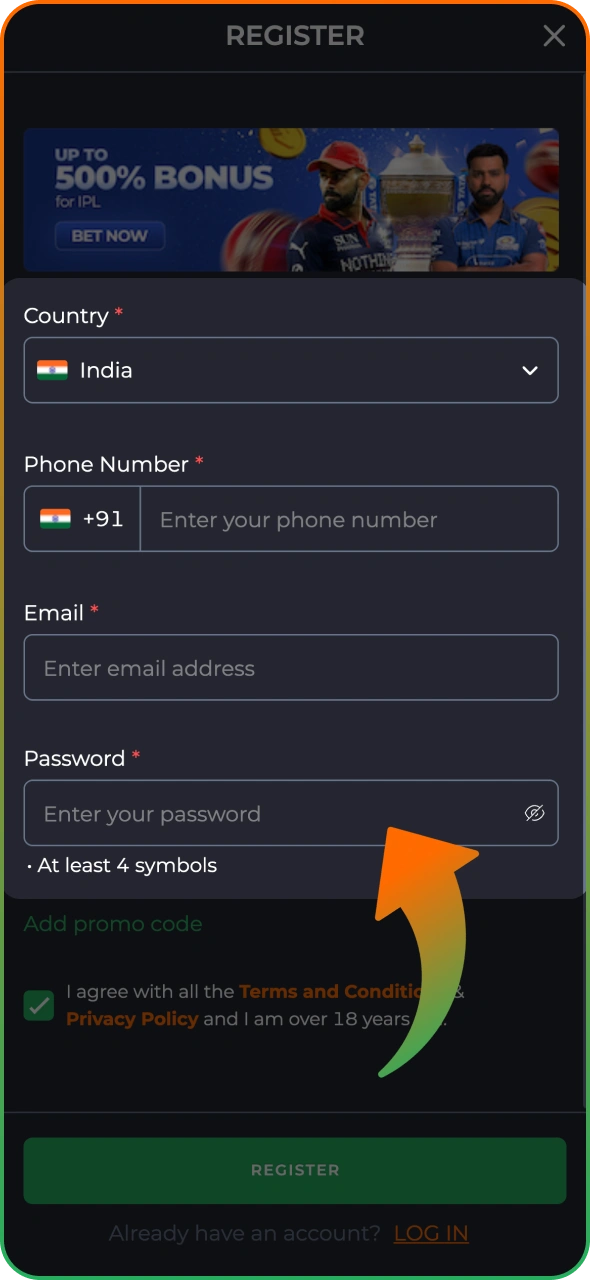 Fill the register form on 9winz app to complete the process.