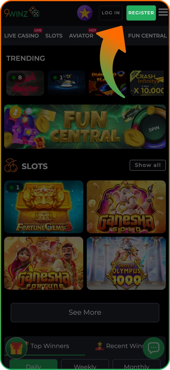 Tap the button on the top of 9winz app page.