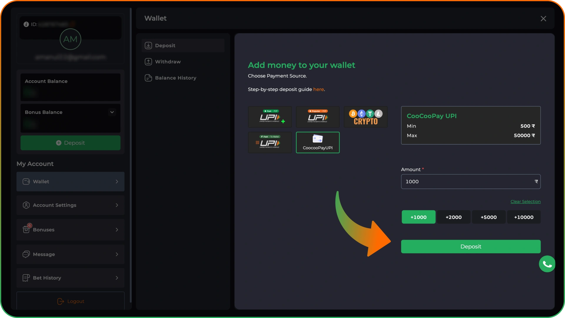 Make your first deposit to activate your 9winz account.