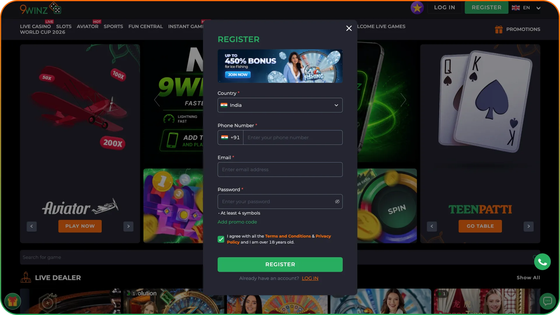 Complete the registration and verification of your 9winz account.
