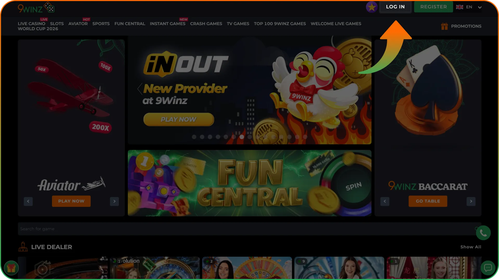 Click the login button on the 9winz main page.