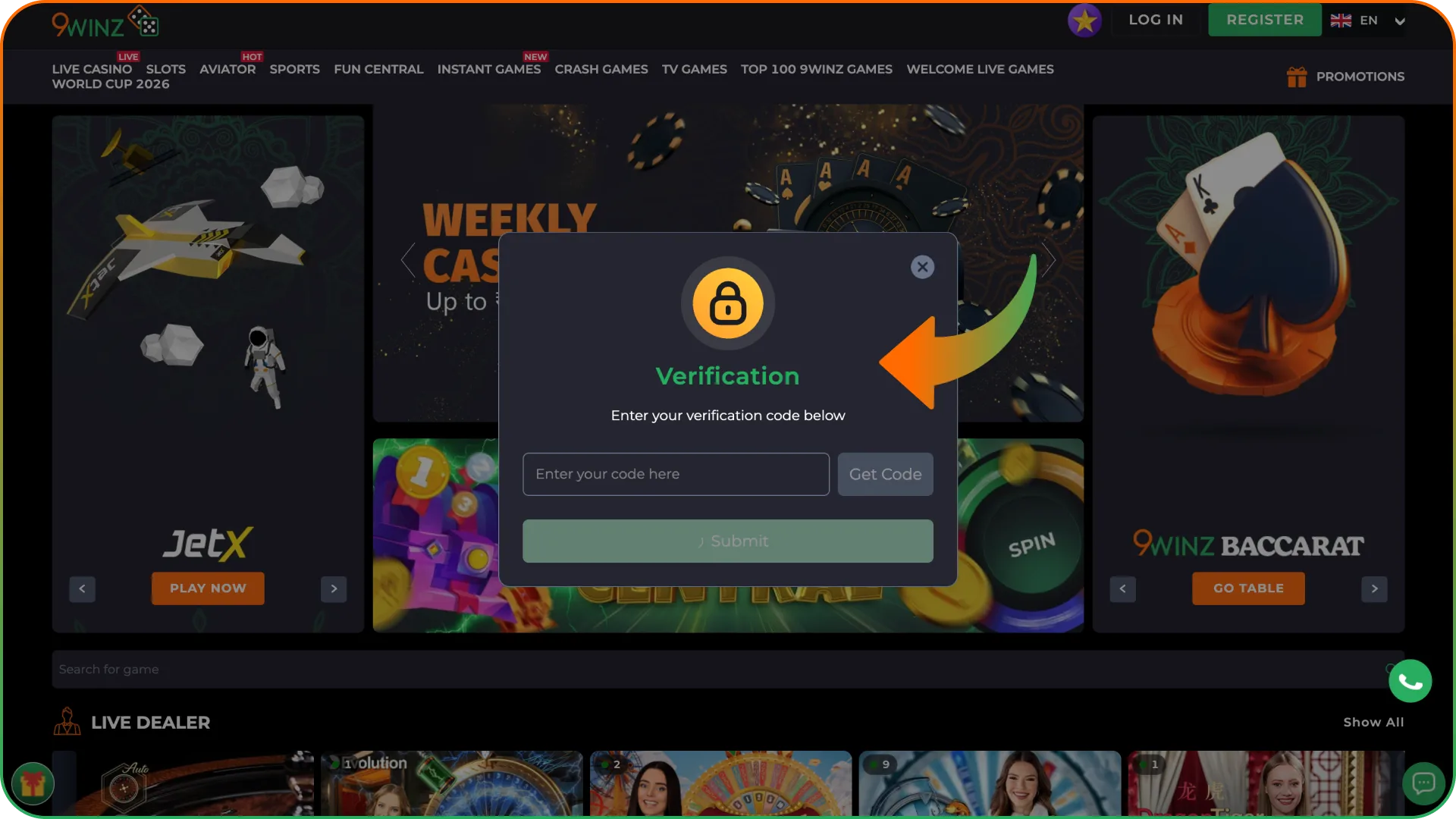 Complete the security check by entering the code on 9winz.
