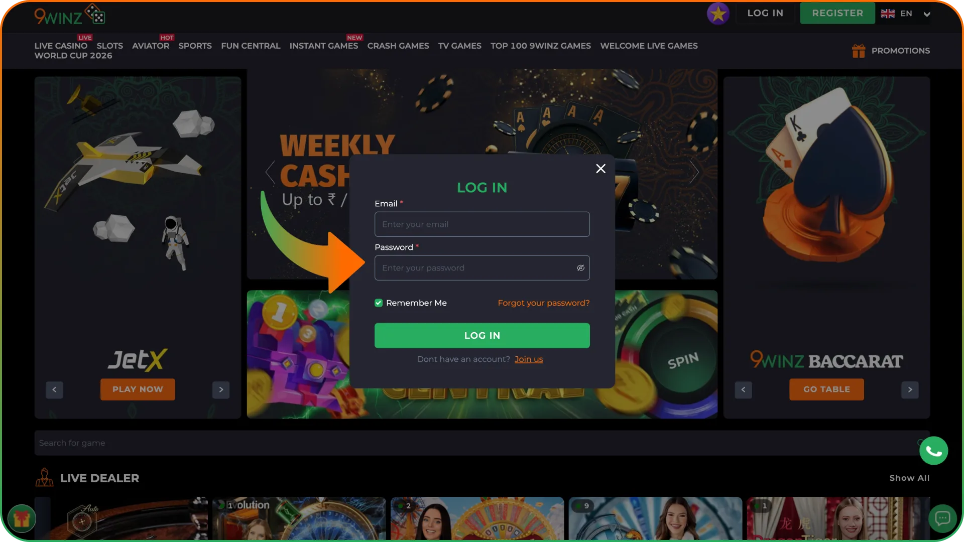 Enter your email and password to access your 9winz account.