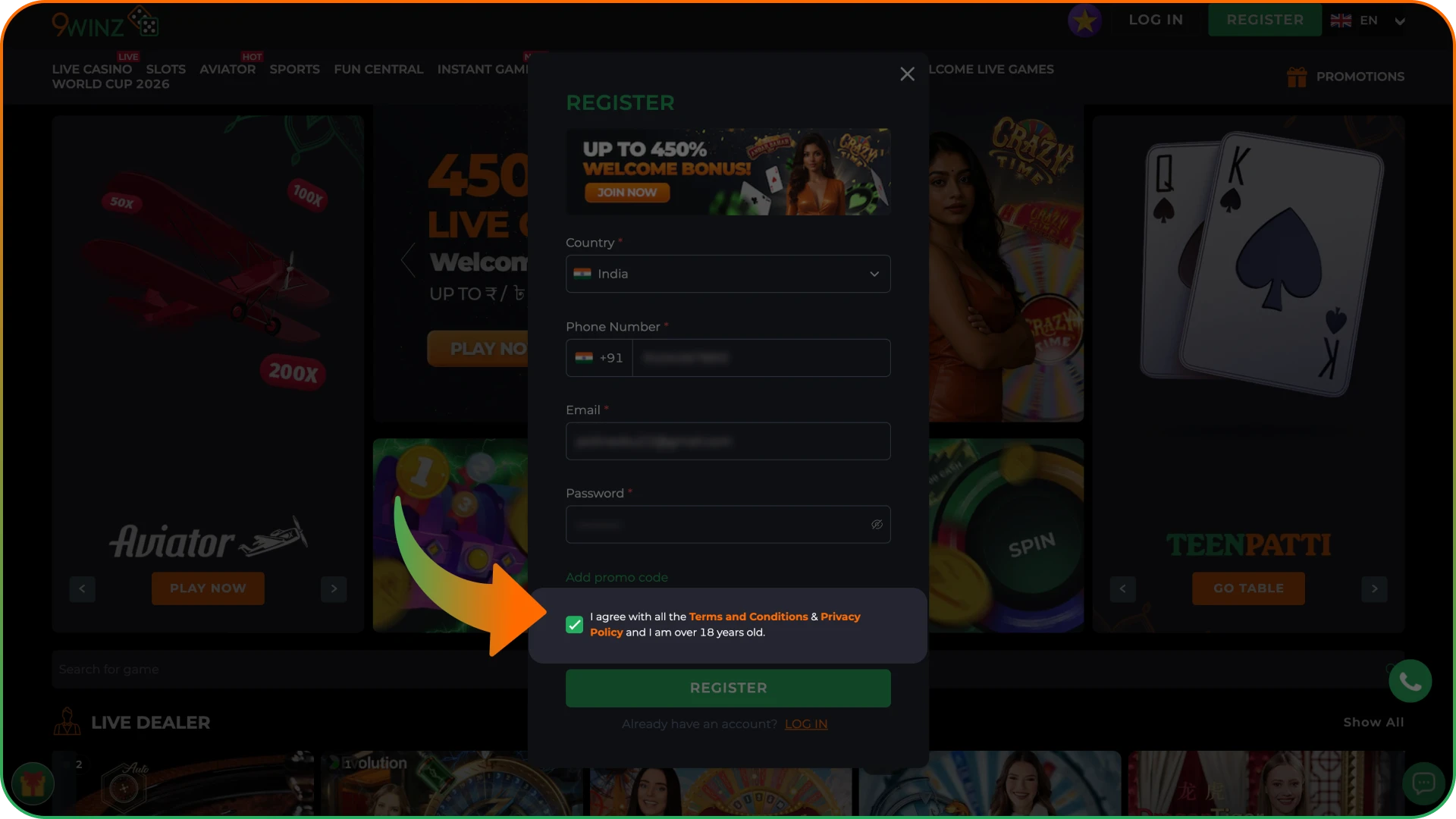 Check the box to agree with 9winz terms and conditions.