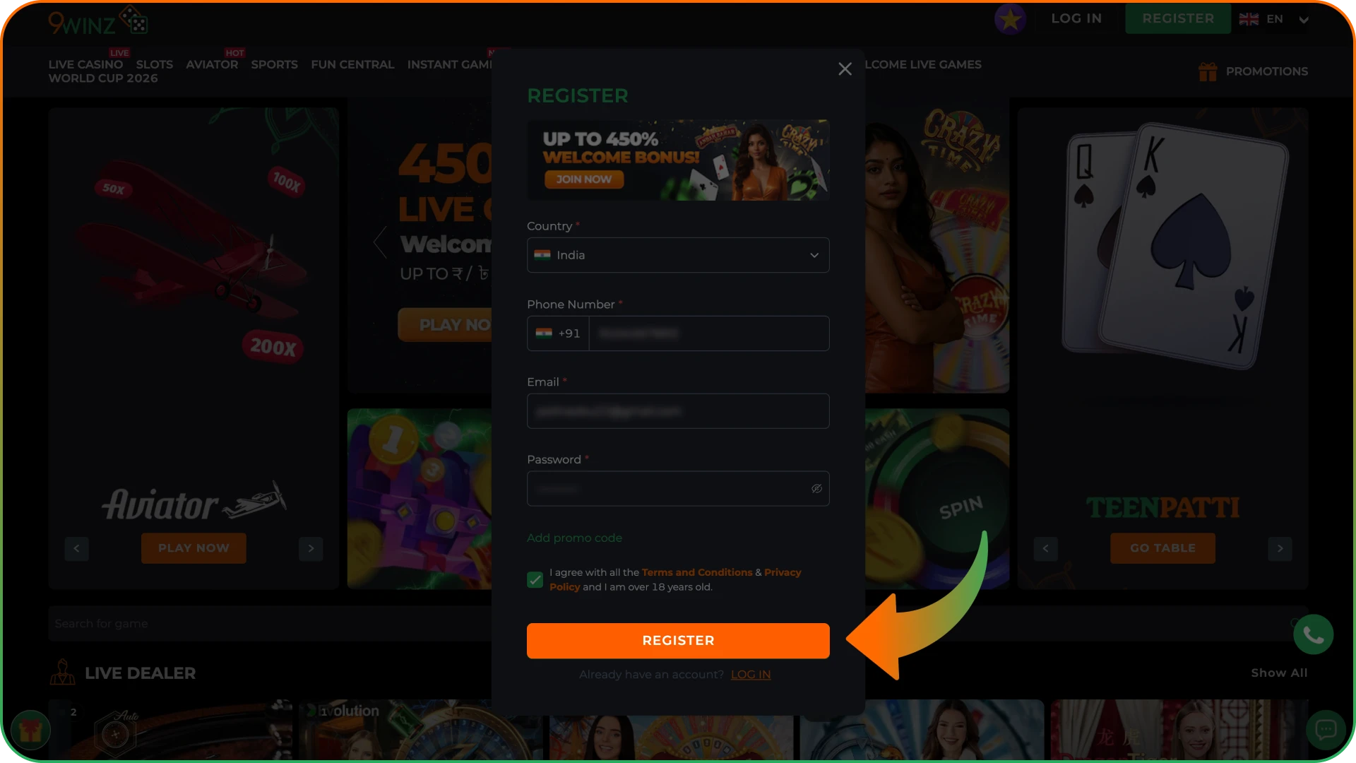 Click the button to complete 9winz registration process.