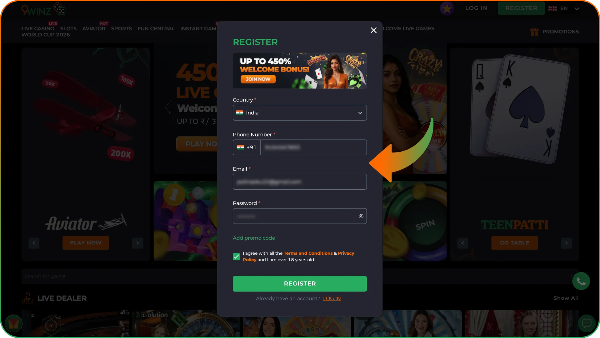 Enter your personal details to complete the 9winz registration.