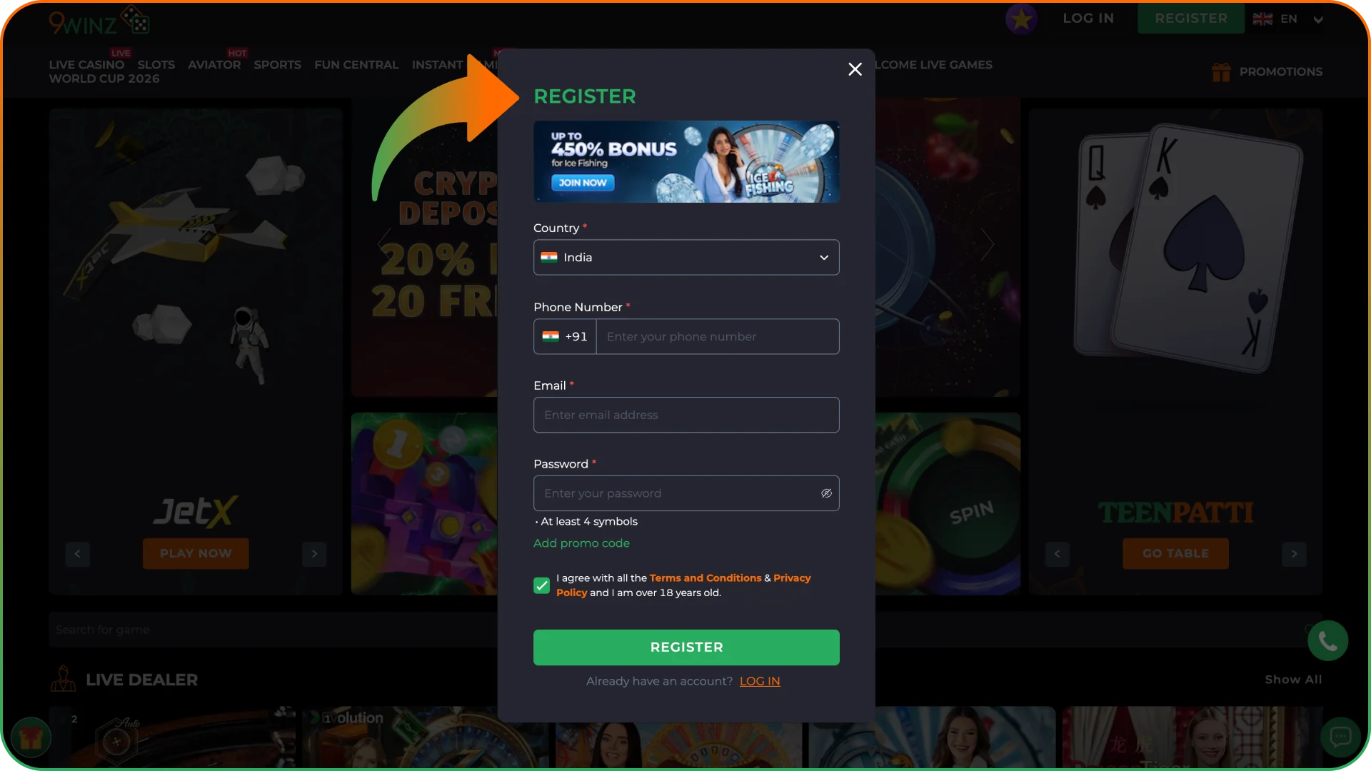 Click the button at 9winz home page to start the process.