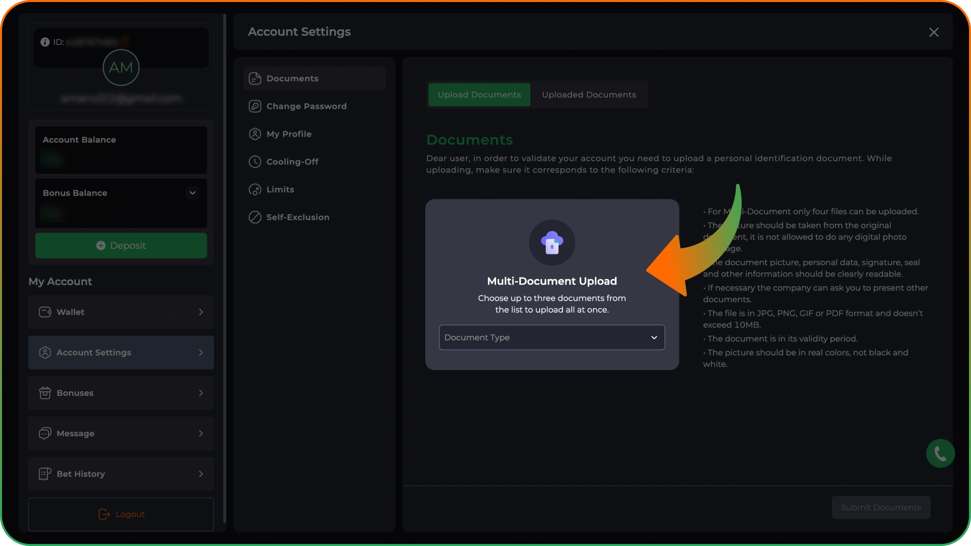 Submit the documents to verify your identity for 9winz.