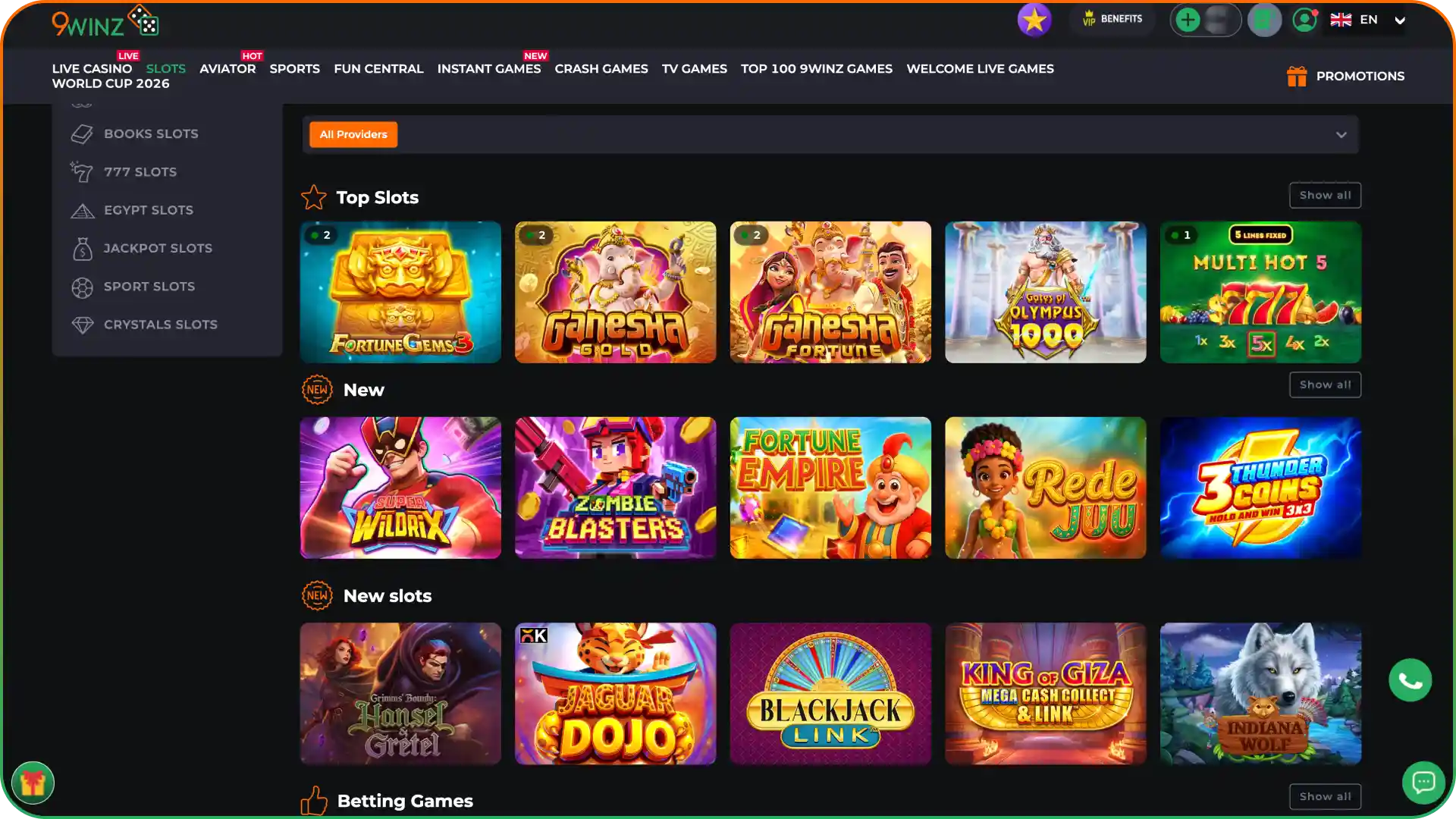 Go to slot section at 9winz and choose a game.
