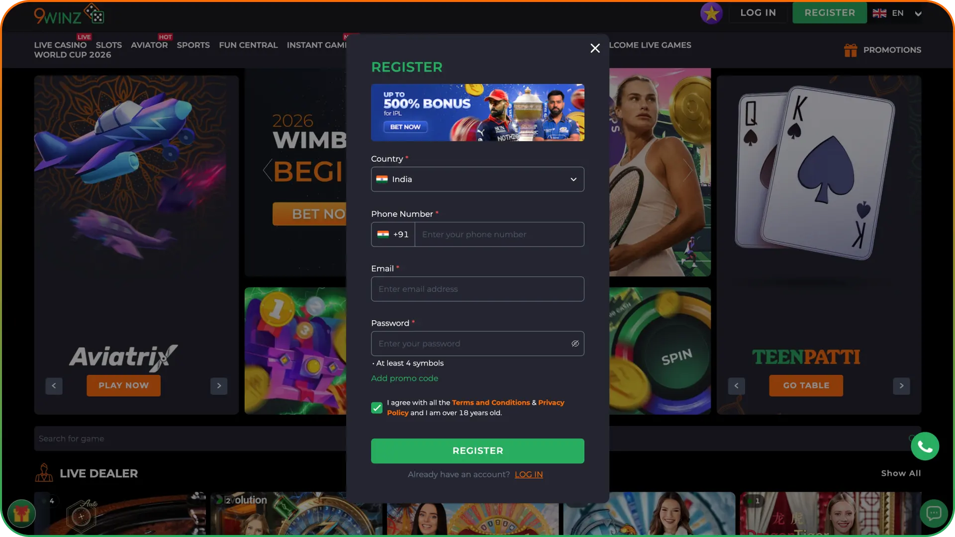 Create your account at 9winz platform.