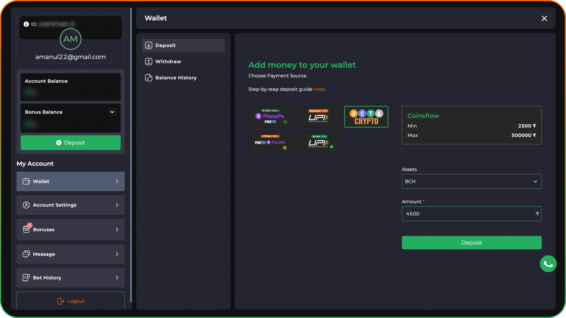 Deposit funds into your account at 9winz platform.