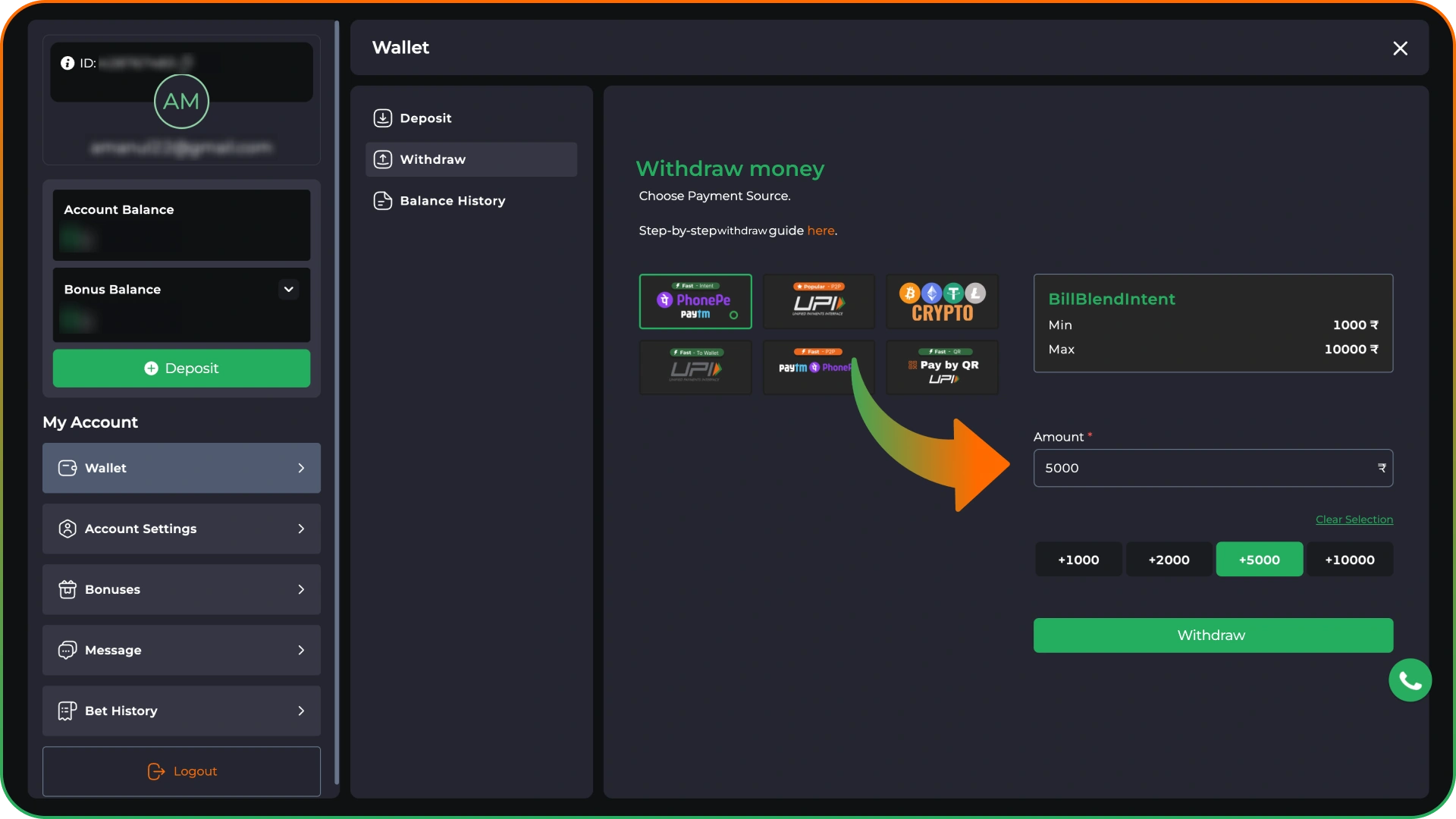 Enter the withdrawal amount at 9winz cashier.