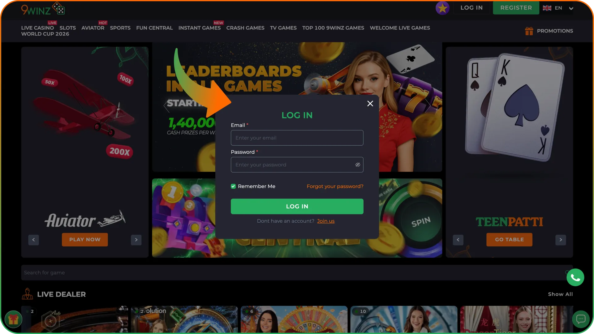 Log into your account at 9winz platform.