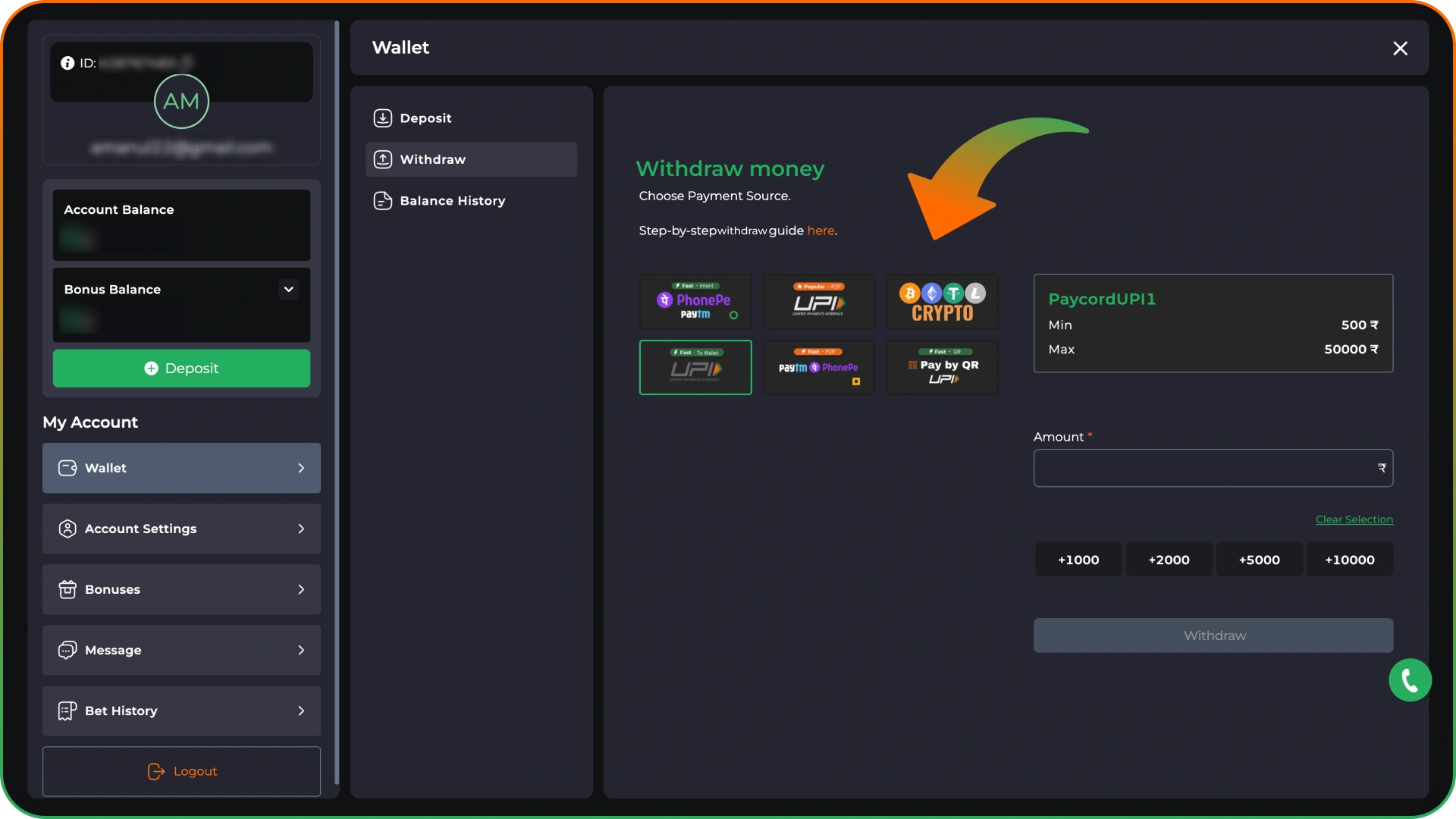 Select the method you want to withdraw your money at 9winz.